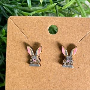 Hand Painted Rabbit Easter Bunny Wood Stud Earrings